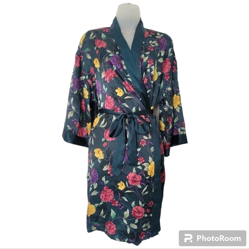 Vtg Amanda Stewart Sz SM Intimates Robe Floral EUC Emerald Green Bridal Wedding
